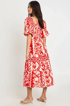 boohoo Robe Midi Évasée À Imprimé Fleuri Petite Avec Manches Volumineuses Et Jupe À Volants Effet Lin<Femme Toutes Les Robes|Robes