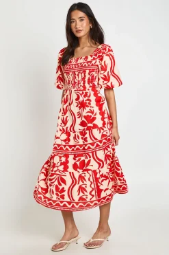 boohoo Robe Midi Évasée À Imprimé Fleuri Petite Avec Manches Volumineuses Et Jupe À Volants Effet Lin<Femme Toutes Les Robes|Robes