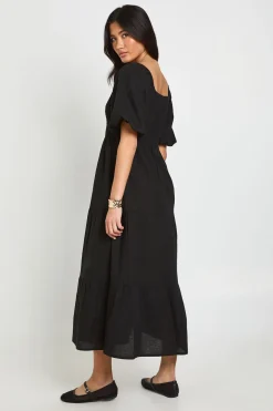 Robe Midi Évasée À Manches Bouffantes Et Volants Effet Lin