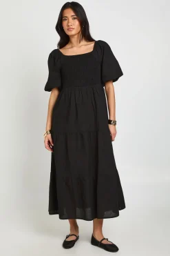 Robe Midi Évasée À Manches Bouffantes Et Volants Effet Lin