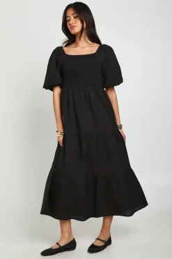 Robe Midi Évasée À Manches Bouffantes Et Volants Effet Lin