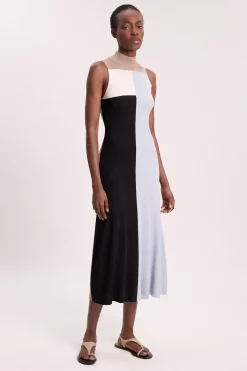 Robe Midi Évasée Sans Manches En Maille De Viscose Fluide À Blocs De Couleur