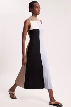 Robe Midi Évasée Sans Manches En Maille De Viscose Fluide À Blocs De Couleur