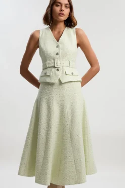 Robe Midi Évasée Sans Manches en Mélange Satin et Bouclé Ajustée