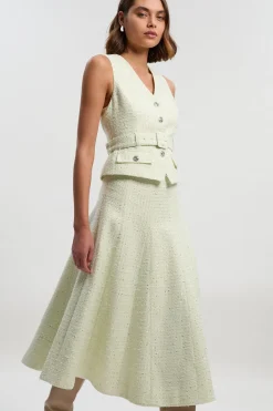 Robe Midi Évasée Sans Manches en Mélange Satin et Bouclé Ajustée