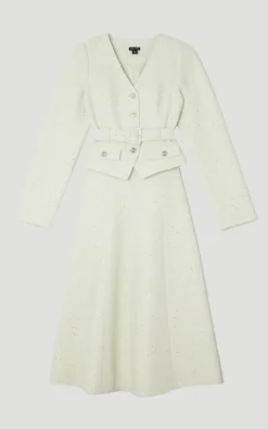Robe Midi Évasée Sans Manches en Mélange Satin et Bouclé Ajustée