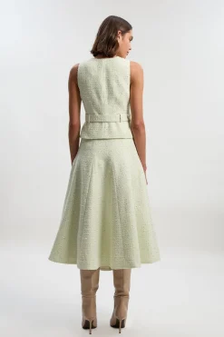 Robe Midi Évasée Sans Manches en Mélange Satin et Bouclé Ajustée