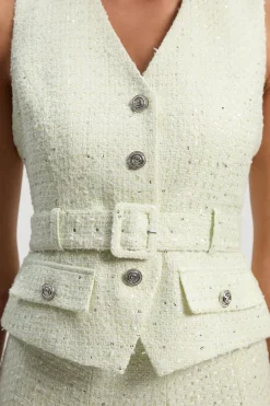 Robe Midi Évasée Sans Manches en Mélange Satin et Bouclé Ajustée