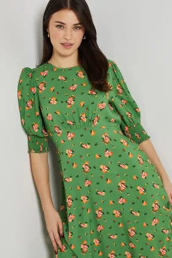 Robe Midi Verte À Fleurs Avec Poignets Froncés