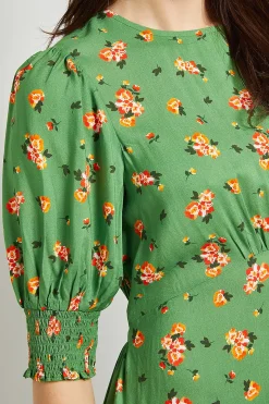 Robe Midi Verte À Fleurs Avec Poignets Froncés