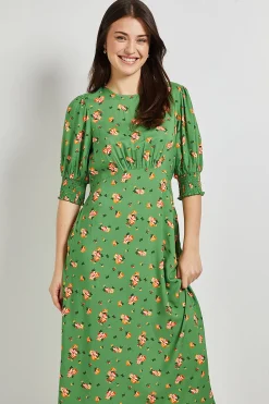 Robe Midi Verte À Fleurs Avec Poignets Froncés
