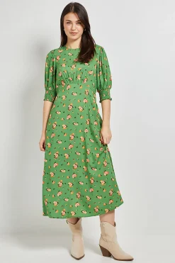 Robe Midi Verte À Fleurs Avec Poignets Froncés