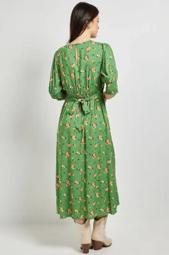 Robe Midi Verte À Fleurs Avec Poignets Froncés