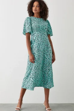 Dorothy Perkins Robe Midi Verte à Imprimé Animal avec Manches Volantées et Taille Froncée<Femme Robes Mi-Longues|Robes