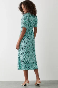 Dorothy Perkins Robe Midi Verte à Imprimé Animal avec Manches Volantées et Taille Froncée<Femme Robes Mi-Longues|Robes