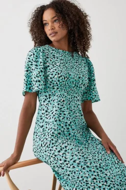 Dorothy Perkins Robe Midi Verte à Imprimé Animal avec Manches Volantées et Taille Froncée<Femme Robes Mi-Longues|Robes