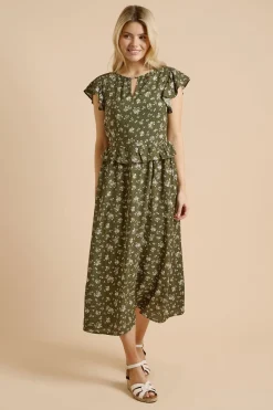 Dorothy Perkins Robe Midi Verte À Imprimé Floral Avec Découpe Goutte D'eau Et Manches Volantées<Femme Toutes Les Robes|Robes D’Automne