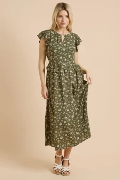 Dorothy Perkins Robe Midi Verte À Imprimé Floral Avec Découpe Goutte D'eau Et Manches Volantées<Femme Toutes Les Robes|Robes D’Automne