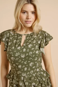 Dorothy Perkins Robe Midi Verte À Imprimé Floral Avec Découpe Goutte D'eau Et Manches Volantées<Femme Toutes Les Robes|Robes D’Automne