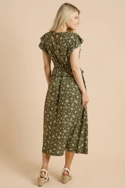 Dorothy Perkins Robe Midi Verte À Imprimé Floral Avec Découpe Goutte D'eau Et Manches Volantées<Femme Toutes Les Robes|Robes D’Automne