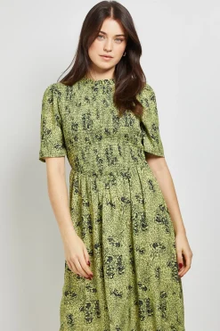 Robe Midi Verte À Motif Floral Avec Corsage Froncé Et Taille Basse