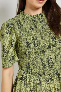 Robe Midi Verte À Motif Floral Avec Corsage Froncé Et Taille Basse