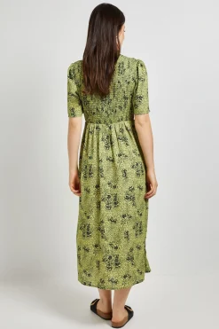 Robe Midi Verte À Motif Floral Avec Corsage Froncé Et Taille Basse