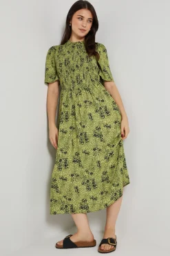 Robe Midi Verte À Motif Floral Avec Corsage Froncé Et Taille Basse