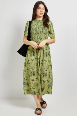 Robe Midi Verte À Motif Floral Avec Corsage Froncé Et Taille Basse