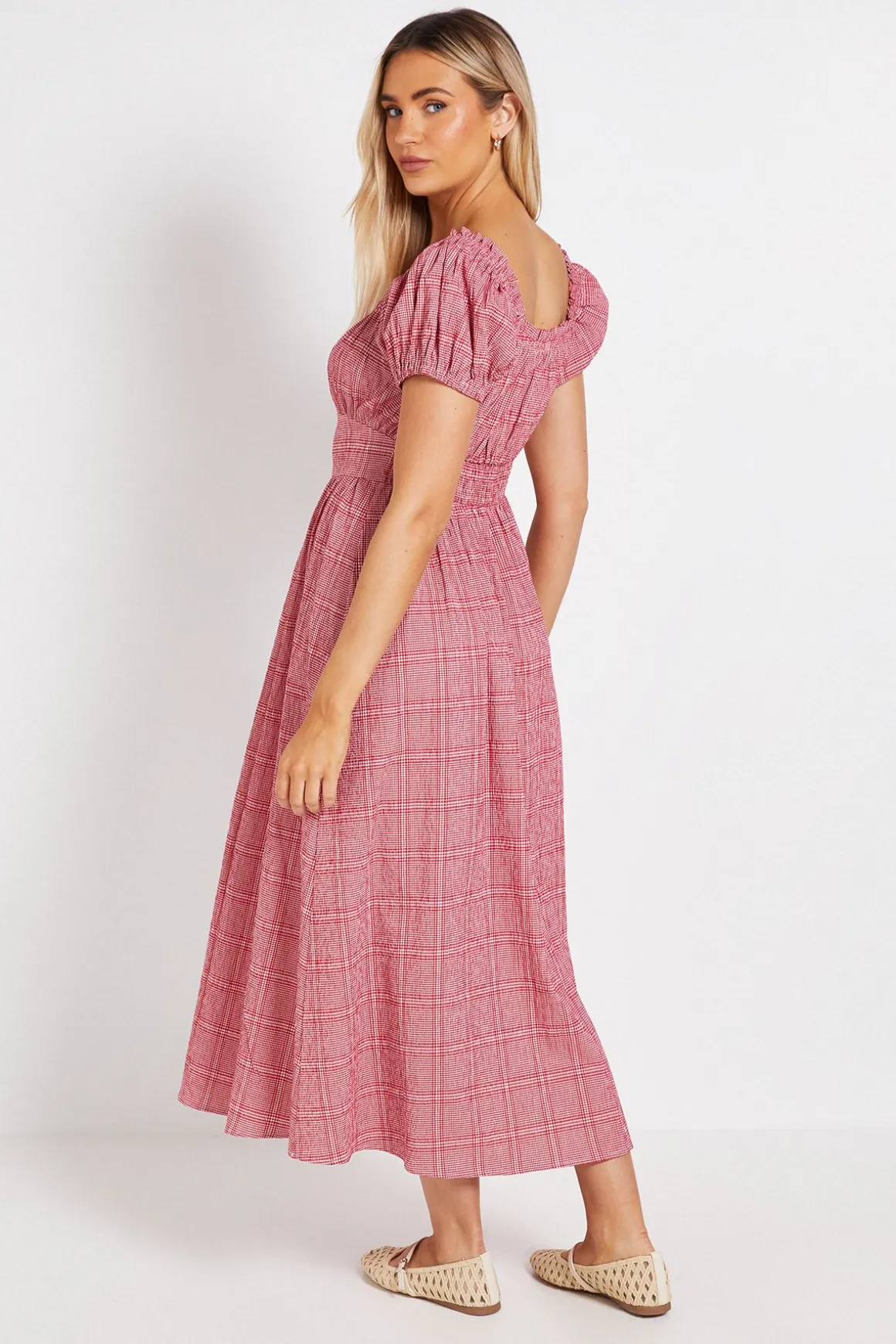 Robe Midi Vichy À Buste Froncé