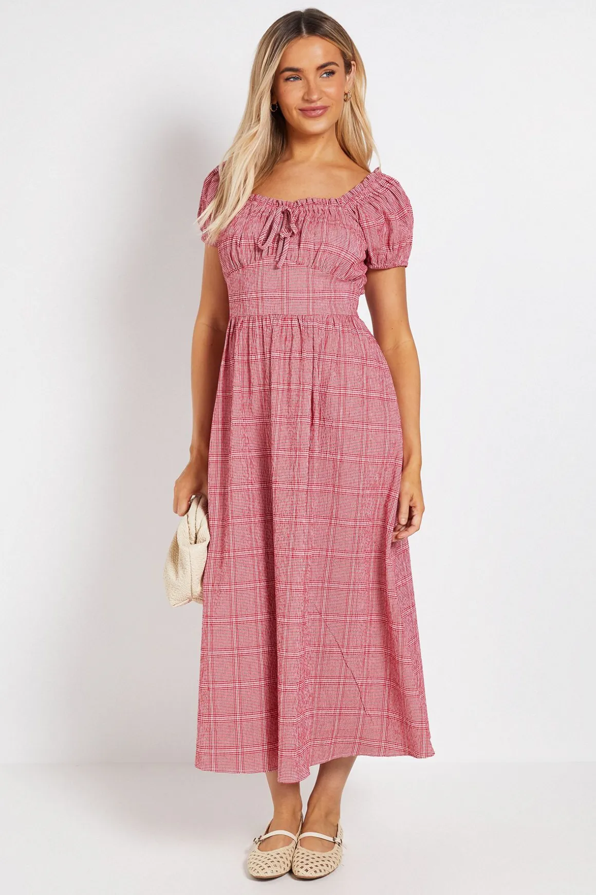 Robe Midi Vichy À Buste Froncé
