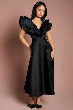 Robe Midi à Volants aux Épaules Petite Taille