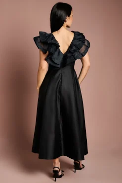 Robe Midi à Volants aux Épaules Petite Taille