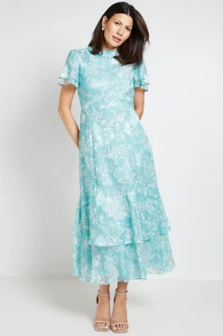 Robe Midi À Volants Avec Motif Floral Dévoré
