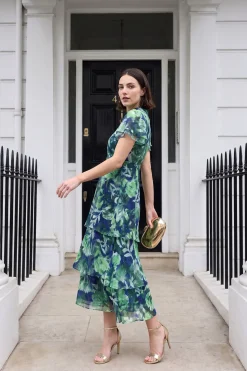 Robe Midi À Volants Avec Motif Floral Dévoré