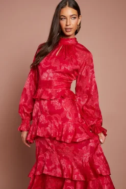 Coast Robe Midi À Volants À Basque En Jacquard Satiné À Manches Longues<Femme Robes Mi-Longues|Satin Et Dentelle