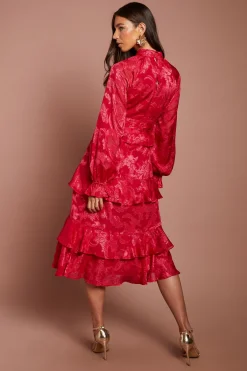 Coast Robe Midi À Volants À Basque En Jacquard Satiné À Manches Longues<Femme Robes Mi-Longues|Satin Et Dentelle