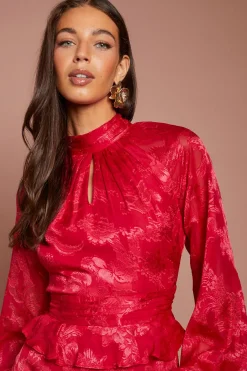 Coast Robe Midi À Volants À Basque En Jacquard Satiné À Manches Longues<Femme Robes Mi-Longues|Satin Et Dentelle