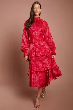 Coast Robe Midi À Volants À Basque En Jacquard Satiné À Manches Longues<Femme Robes Mi-Longues|Satin Et Dentelle