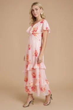 Dorothy Perkins Robe Midi À Volants Cape Et Imprimé Rose Luxe Dp<Femme Robes|Robes Mi-Longues