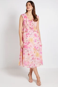 Robe Midi À Volants En Dobby Fleuri