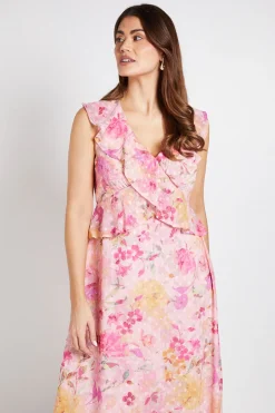 Robe Midi À Volants En Dobby Fleuri