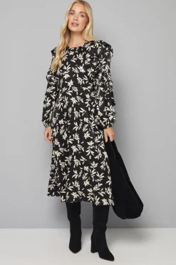 ROBE MIDI À VOLANTS EN JACQUARD SATINÉ FLORAL PETITE TAILLE