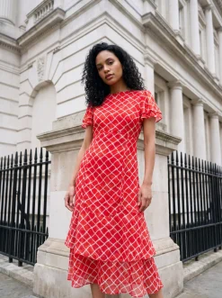 Robe Midi À Volants En Tissu Dévoré À Carreaux