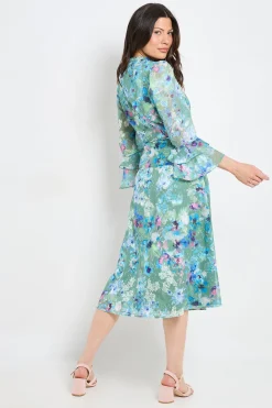 Robe Midi À Volants Et Motif Floral Dévoré