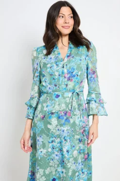 Robe Midi À Volants Et Motif Floral Dévoré
