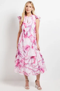 ROBE MIDI À VOLANTS FLEURIE DÉVORÉE PETITE TAILLE