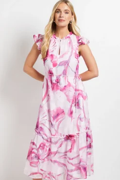 ROBE MIDI À VOLANTS FLEURIE DÉVORÉE PETITE TAILLE