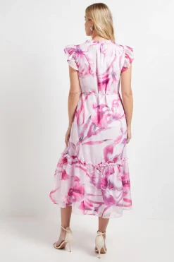 ROBE MIDI À VOLANTS FLEURIE DÉVORÉE PETITE TAILLE
