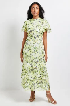 Robe Midi à Volants Fleurie Dévorée Petite Taille